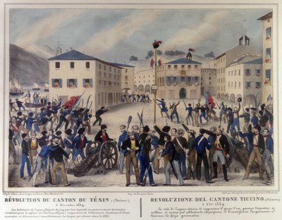 ثورة كانتون تيسينو في سويسرا في 5 ديسمبر 1859 ، ونقش القرن التاسع عشر. بواسطة فنان غير معروف