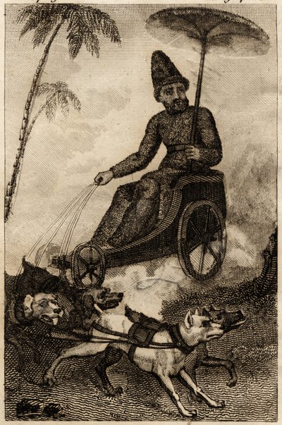 روبنسون كروزو في عربة تدريبه بواسطة ستة من الكلاب ، تم إدخال نقش في "Les aventures de Robinson Crusoe" بقلم دانيال ديفو بواسطة فنان غير معروف