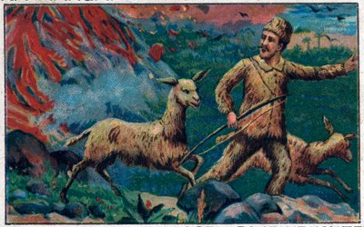 روبنسون ينجو من انفجار بركاني. رسم توضيحي لكتاب دانيال ديفو "" روبنسون كروزو ". الطباعة الحجرية الملونة في أواخر القرن التاسع عشر. بواسطة فنان غير معروف