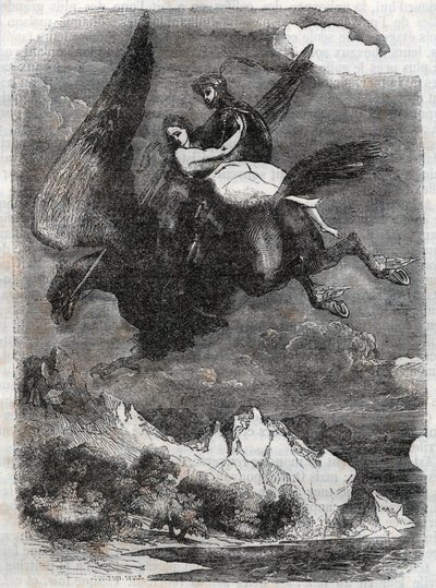 روجر (روجيرو ، روجيرو) وأنجيليك (أنجليكا) على الحصين - نقش من عام 1851 من "" Roland furieux "(أورلاندو فوريوسو) (القرن السادس عشر) بواسطة Ludovico Ariosto ، المعروف باسم Ariosto - إصدار مترجم من الإيطالية بواسطة كونت تريسان ونشرها بواسطة فنان غير معروف