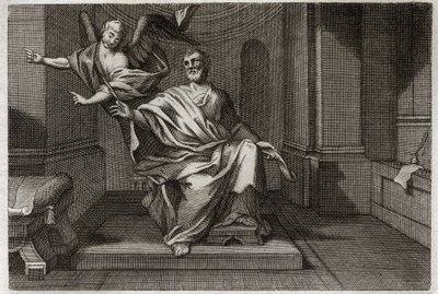 الكتاب المقدس Royaumont ، العهد الجديد: القديس الإنجيلي ماثيو مع الملاك. رسم توضيحي من عام 1811. بواسطة فنان غير معروف