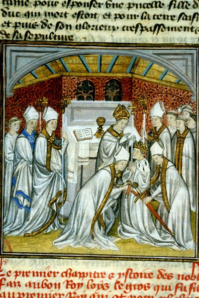 Sacre of Louis VI (1108) - زخرفة مخطوطة على Velin من العصور الوسطى "" Great Chronicles of Saint-Denis "" أواخر القرن الرابع عشر (المرجع 512 بواسطة فنان غير معروف