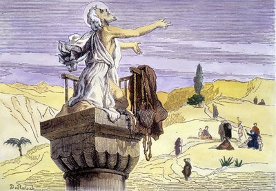 القديس سمعان العمودي يكرز على عمود. بواسطة فنان غير معروف