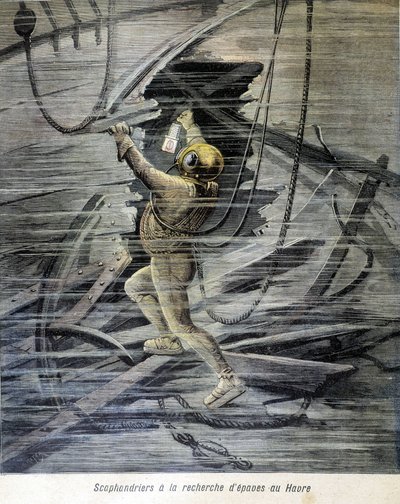 Scaphandrier يبحث عن حطام السفن في لوهافر. رسم توضيحي لـ "مجلة Petity" لعام 1892. بواسطة فنان غير معروف
