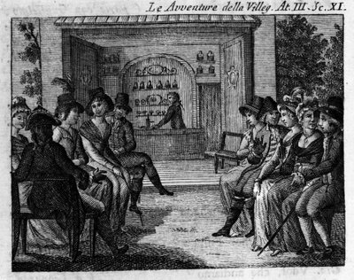 المشهد 11 من الفصل الثالث من العمل الهزلي "" The avventure della villeggiatura "" (مغامرات المدينة) (1756) لكارلو جولدوني (1707-1793). نقش القرن الثامن عشر بواسطة فنان غير معروف