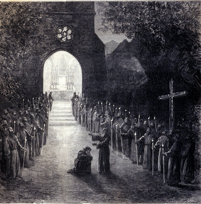 سينوغرافيا المشهد الأخير من الفصل الثاني لأوبرا "La forza del destino" (قوة القدر) للملحن الإيطالي جوزيبي فيردي (1813-1901) للأداء في أوبرا باريس بواسطة فنان غير معروف