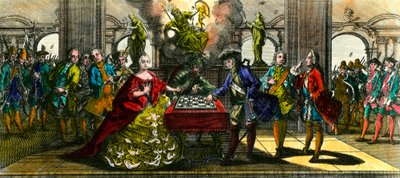 حرب سبع سنوات: قصة رمزية تمثل ماري تيريز من النمسا (1717-1780) وفريدريك من بروسيا (1712-1786) يلعبان الشطرنج. نقش مجموعة خاصة من القرن الثامن عشر بواسطة فنان غير معروف