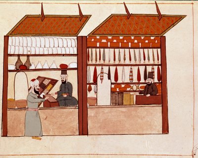 المحلات التجارية في شوارع القسطنطينية. صورة مصغرة مأخوذة من مخطوطة Cicogna من القرن التاسع عشر (1828) بعد نسخة أصلية من القرن السابع عشر (1671). البندقية ، مكتبة مارسيانا بواسطة فنان غير معروف