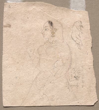 رسم تخطيطي لامرأة مع فيل وحيوانات أخرى على ظهرها بواسطة فنان غير معروف