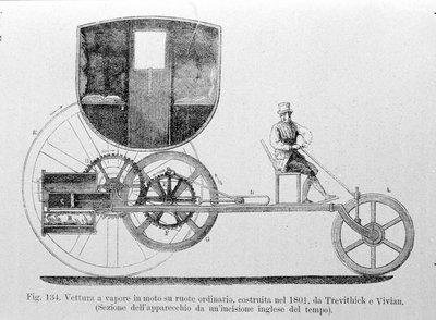 سيارة بخارية مثبتة على الطراز العادي ، تم بناؤها عام 1801 بواسطة Trevithick و Vivian. نقش القرن التاسع عشر. بواسطة فنان غير معروف