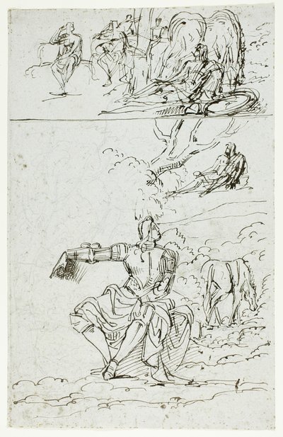 صحيفة دراسة مع فارس جالس (الوجه)؛ وشخصية ذكر واقف في زي القرون الوسطى (الظهر) بواسطة فنان غير معروف