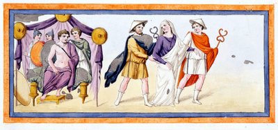 يأخذ Talthybios و Eurybates العذراء Briseis قبل Achilles ، الذي يقف في خيمة Myrmidones. الإلياذة Chant I ، آية ٣٤٥. نقش من نهاية القرن الثامن عشر. بواسطة فنان غير معروف