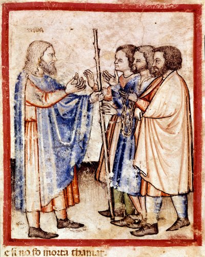 Tamar presenting Judah with the seal, the cord and the stick he had left as security, miniature from codex 212 (or padovano codice or Bible of Padua) 1390-1400 (vellum) بواسطة فنان غير معروف