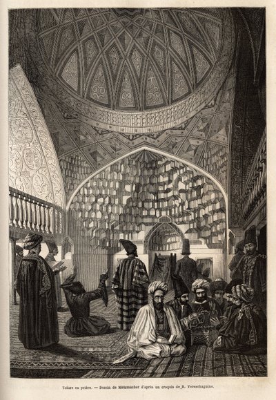 التتار في الصلاة ، في مسجد شوشا (عبر القوقاز ، روسيا). نقش لتوضيح الرحلة في مقاطعات القوقاز ، بقلم باسيلي فيريشاغوين ، في 1864-1865 ، نُشر في "" le tour du monde "، تحت إشراف D'Edouard Charton، Ha بواسطة فنان غير معروف