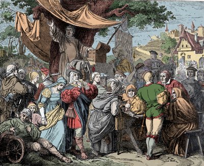 Tetzel Sale Indulgences - يوهان تيتزل (1465-1519) ، كاهن دومينيكاني ألماني ، يبيع صكوك الغفران لبناء كنيسة القديس بطرس في روما ، حوالي 1515 بواسطة فنان غير معروف
