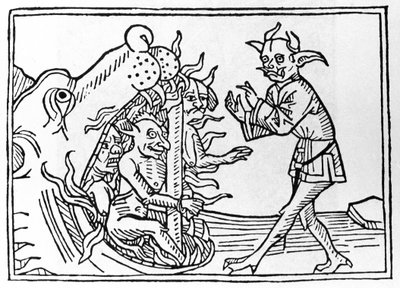 بروس بليال: "عودة الشيطان البليالي إلى مدخل العالم السفلي" نقش من "The Belial Proces" لجاكوبوس دي تيرامو (أو بالادينو) ، أوسبورغ بواسطة فنان غير معروف