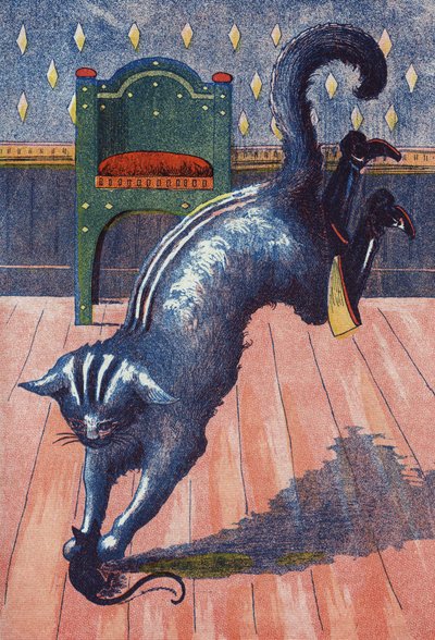 رمي القطة على الغول يتغير إلى الفأر. رسم توضيحي لـ "Le chat Botte" "، حكاية تشارلز بيرولت (1628-1703) ، كاتب فرنسي. توضيح مجهول. الصور مارسيل فاني ، جارفيل نانسي ، بدون تاريخ (أواخر القرن التاسع عشر). بواسطة فنان غير معروف