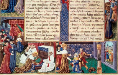 The Christian virtues (such as piety and devotion) of King Louis IX (1214-1270) (Saint Louis): on the left the king embraces the crucifix, on the right he receives the Old Mountain. Miniature from a manuscript “The Book of Facts Monsignor Saint Louis”” 15t بواسطة فنان غير معروف