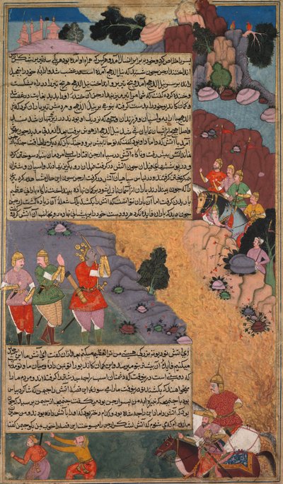 أول مغامرة للخيول الأبيض ، صفحة من كتاب خان خانان رازم ناما (كتاب الحروب) بواسطة فنان غير معروف