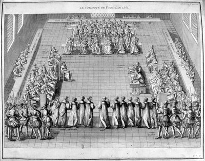 ندوة Poissi (Poissy) في 1561. في الوسط ملك فرنسا Charles IX (1550-1574) والملكة الأم Catherine de Medicis (Caterina de Medici) (1519-1589). بواسطة فنان غير معروف