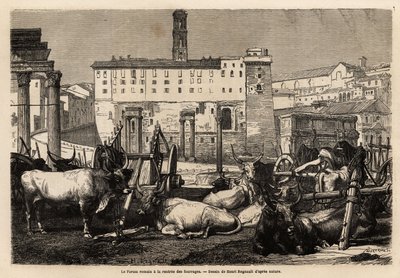 يوجد في المنتدى الروماني ريع العلف ، والثيران تقع في وسط العربات والأطلال القديمة. Engravure pour Illustrrer le voyage à Rome ، بقلم فرانسيس وي ، في 1864-1868 ، نُشر في "" Le tour du monde "" "1869 ، تحرير إدوارد شارتون ، طبعة Hachette ، بواسطة فنان غير معروف