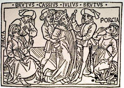 The assassination of Jules Cesar (100-44 BC): he is stabbed by Brutus and Cassius while Porcie, Brutus