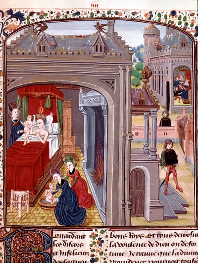 ولادة الإسكندر الأكبر (356-323 قبل الميلاد) ، ابن أوليمبياس ونخت أنبو الثاني مصغر مأخوذ من "" تاريخ الإسكندر الأكبر "" كوينتكورس (كوينتوس كورتيوس روفوس) (القرن الأول الميلادي) شانتيلي ، متحف كوندي بواسطة فنان غير معروف