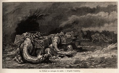 قافلة الجمال التي وقعت في إعصار رملي تسمي tebbad. رسم بواسطة إميل بايارد (1837-1891) ، لتوضيح الرحلة إلى آسيا الوسطى ، في عام 1863 ، بواسطة أرمينيوس فامبيري (عالم مجري متنكّر بالدرويش). نقش في "" Le tour du monde "" ، تم تحريره بواسطة بواسطة فنان غير معروف