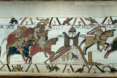 غزو بريتاني من قبل دوق نورماندي ويليام الفاتح (1027-1087): الاستيلاء على رين تفاصيل نسيج بايو أو تطريز الملكة ماتيلد بواسطة فنان غير معروف
