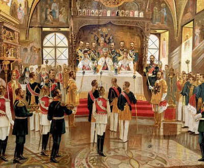 تتويج يسار نيكولاس الثاني (1868-1918) في موسكو ، روسيا بواسطة فنان غير معروف