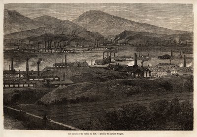مصانع وادي تاف. رسم من قبل دوراند براغر ، لتوضيح زيارة للمصانع الكبرى في ويلز في عام 1862 ، بواسطة إل سيمونين. نقش في "" Le Tour du monde "، تحرير إدوارد شارتون بواسطة فنان غير معروف