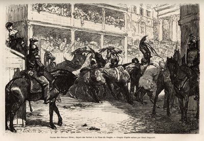 يبدأ سباق الخيل الحر ، الذي تم تنظيمه أربع مرات خلال الكرنفال ، في ساحة الشعب ، ثم يبدأ سباق الخيول الحر في سباق الخيل الثلاثي في كورسو إلى ساحة البندقية ، حيث يتم تقديم الجوائز. نقش لتوضيح الرحلة إلى روما ، بقلم فرانسيس وي ، في بواسطة فنان غير معروف