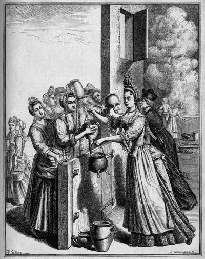 مساعدة من الحساء في باريس أثناء مجاعة عام 1709. رسم لسلير ، بعد طبعة من القرن الثامن عشر. بواسطة فنان غير معروف