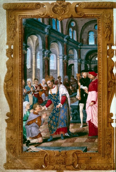 الملك يلمس ، الله يسمعك الملك هنري الثاني (1519-1559) ، ثوماتورج ، المحاربين المرضى من الإكرويليس في دير القديس ماركول ، مباشرة بعد حفل تتويج ريمس. بالقرب منه قوس ريمس. منمنمة من "ساعات هنري الثاني" 154 بواسطة فنان غير معروف