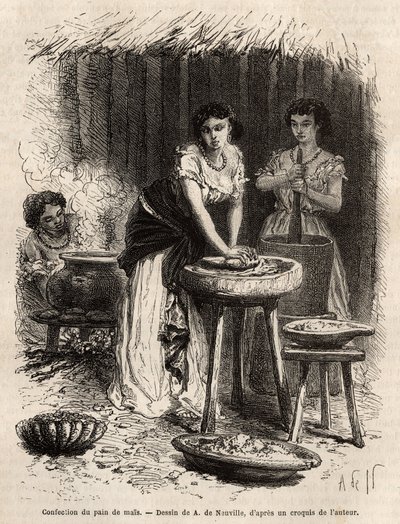 صناعة خبز الذرة ، أساس الغذاء ، من قبل نساء وادي كاوكا العظيم (كولومبيا). نقش لتوضيح الرحلة إلى غرناطة الجديدة ، للدكتور سافراي ، في عام 1869 ، نُشر في "" Le Tour du monde "" "1873 ، تم تحريره بواسطة Edouard Charton ، طبعة Hachet بواسطة فنان غير معروف