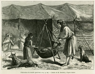 صناعة الحليب من قبل نساء رعاة منطقة كارون. نقش لتوضيح قصة La Perse، la Chaldee et la Susiane لجين ديلافوي (1851-1916) ، ضابط الأكاديمية ، في جولة العالم 1886 ، من إخراج إدوارد شارتون (1807-1890) ، ها بواسطة فنان غير معروف