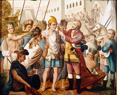 الاجتماع بين هرنان (أو هيرناندو) كورتيس أو فرناند كورتيز (1485-1547) وملك الأزتك مونتيزوما (أو موكتيزوما: 1466-1520) في نوفمبر 1519 لوحة مجهولة من القرن التاسع عشر. متحف أمريكا ، مدريد. بواسطة فنان غير معروف