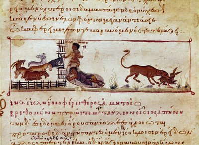 تربية الأغنام ، على اليمين ، يلتهمها وحش مصغر مأخوذ من حلب الصيد "The Cynegetics" من قبل أوبيان (أوبيان أو أوبيانوس) في سوريا (القرن الثالث الميلادي) المخصصة لكركلا. مدينة البندقية في القرن الحادي عشر. مكتبة مارسيانا بواسطة فنان غير معروف