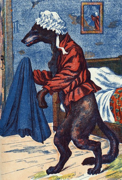 يلبس الذئب ثياب الجدة. رسم مجهول لـ "The Little Red Riding Hood" ، حكاية تشارلز بيرولت (1628-1703) ، الكاتب الفرنسي. الصور مارسيل فاني ، جارفيل نانسي ، بدون تاريخ (أواخر القرن التاسع عشر). بواسطة فنان غير معروف