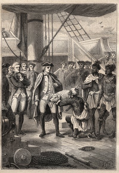 الرحلة الثالثة (1776-1779) للكابتن جيمس كوك (1728-1779): يقدم الكاهن كواه خنزيرًا صغيرًا إلى كوك على متن السفينة ريزوليوشن (هاواي) - رسم توضيحي من "البحارة العظماء في القرن الثامن عشر" بواسطة فنان غير معروف