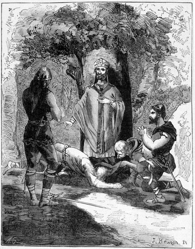 ألقى ثلاثة من جلادي سان ليجر (616-677) بأنفسهم عند قدميه طلبًا للمغفرة. نقش القرن التاسع عشر. بواسطة فنان غير معروف