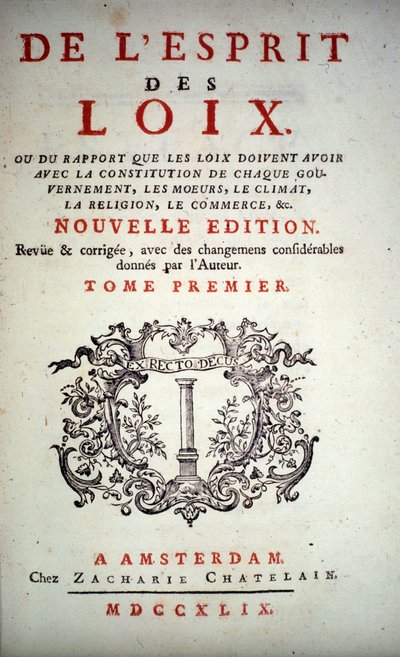 صفحة عنوان "L'Esprit des lois" بقلم تشارلز لويس دي سيكندات ، وبارون دي لا بريدي ودي مونتسكيو (1689-1755). إصدار أمستردام 1749. بواسطة فنان غير معروف