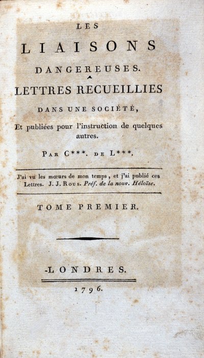 صفحة عنوان كتاب "Les Liaisons Dangereuses" "لشودرلوس دي لاكلوس ، لندن بواسطة فنان غير معروف