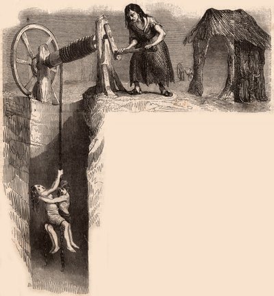 Two exhausted children taken out from an English coal mine by a woman with a winch (engraving) بواسطة فنان غير معروف