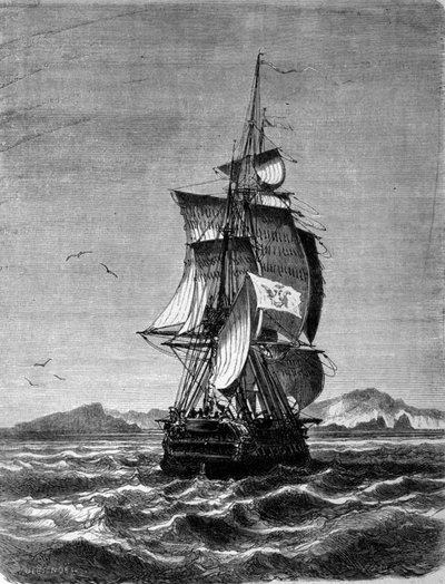 منظر الفرقاطة النمساوية نوفارا أمام جزيرة سانت بول في المحيط الهندي عام 1857. نقش يعود إلى القرن التاسع عشر بواسطة فنان غير معروف