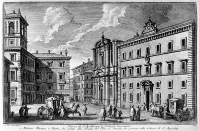منظر لكنيسة القديس أبولينار والكلية الجرمانية (Collegio Germanico) في روما في نهاية القرن الثامن عشر. بواسطة فنان غير معروف