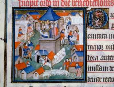 View of the Lendit fair, popular gathering and walking in the city of Saint Denis The eveque of Paris blessed the opening of this event. Miniature from “Pontifical de Sens”” 14th century Paris, B.N. بواسطة فنان غير معروف