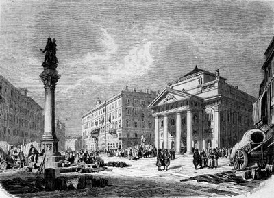 منظر لـ Place de la Bourse في ترييستي (خلال الفترة النمساوية) ، نقش من القرن التاسع عشر بواسطة فنان غير معروف