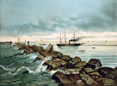 منظر لقناة السويس تم افتتاحه بتاريخ 17/09/1869. الطباعة الحجرية الملونة في القرن التاسع عشر بواسطة فنان غير معروف