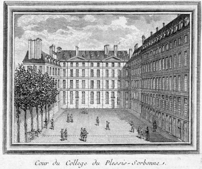 منظر لمحكمة كلية Plessis Sorbonne (باريس) ، التي تأسست عام 1323 من قبل Geoffroy du Plessis Balisson ، استخدمتها ENA في عامي 1848 و 1849. نقش محفوظ في Musee Carnavalet. بواسطة فنان غير معروف